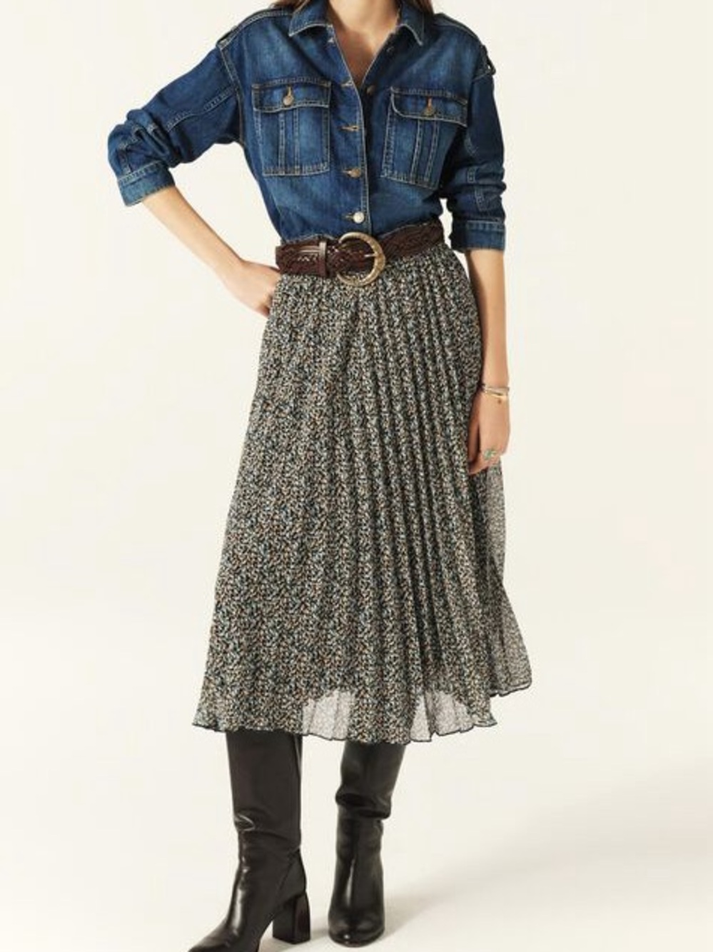 ba&sh Kamy Blue Floral Pleated Metallic Midi Boho Skirt Parisian Chic FR42/US10